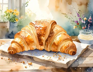watercolor art poster of croissant pastry on wooden table