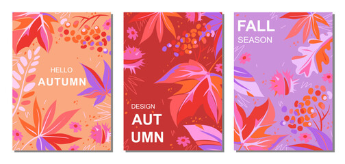 Set of autumn vertical posters with bright leaves, flowers and berries.  Maple leaves, acacia, oak, rowan berries and chestnut fruits. Fall background in red, pink and purple colors. Vector template.