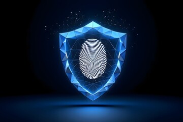 A glowing fingerprint inside a geometric shield on a dark background security concept design