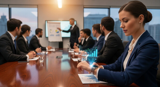A diverse group of professionals in a modern boardroom, with a presenter at a whiteboard and a woman checking her smartwatch. - Powered by Adobe