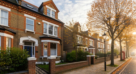 Fototapeta premium Charming Victorian terraced house in England with autumn trees lining the street
