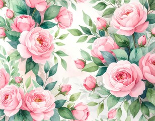 watercolor wall art poster of seamless pattern of pink rose flowers background