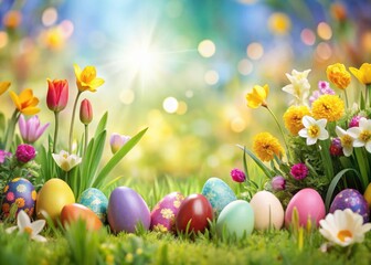 Colorful Easter eggs and spring flowers in a garden scene