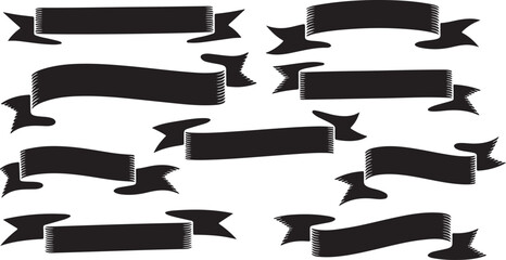 Illustration of collection of black ribbon banners isolated on white background