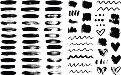Hand-drawn brushstroke and doodle elements including hearts, dots, waves, textured strokes, and symbols for creative design and illustration use