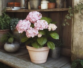 Beautiful pink hydrangea plant in pottery vase on rustic wooden shelf surrounded by other plants and cozy decor elements
