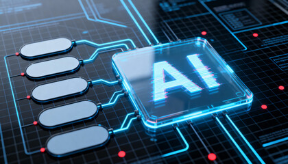 Ultra-detailed 3D render of a glowing blue AI chip at the center of a circuit board. 