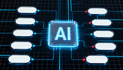 Ultra-detailed 3D render of a glowing blue AI chip at the center of a circuit board. 