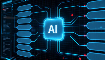 Ultra-detailed 3D render of a glowing blue AI chip at the center of a circuit board. 