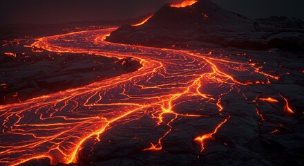 Molten lava river flowing from an erupting volcano at night, illuminating the dark, rugged landscape with intense orange and red glow.