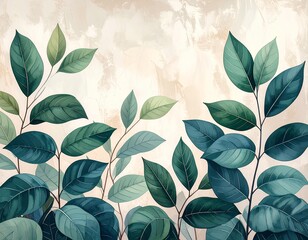 hand drawn art green leaves on beige background