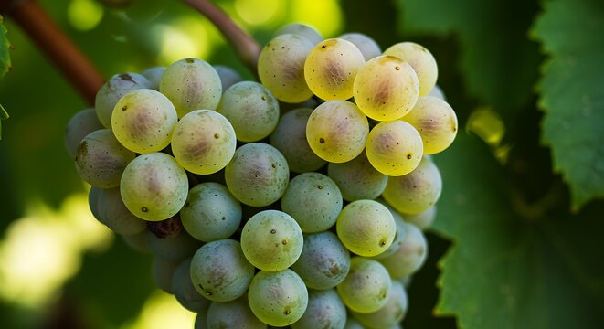 Close up of ripe green grapes on a vine with blurred background