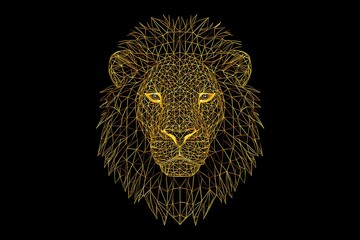 Fototapeta premium Geometric lion head in gold on black background with polygonal mesh and glowing yellow eyes