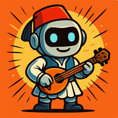 Middle Eastern Robot Musician With Fez And Oud Cultural Illustration