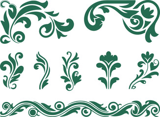 Ornamental floral motif set, symmetrical decorative elements, elegant leaf and swirl designs, vintage embellishment pack, border clipart for graphic design
