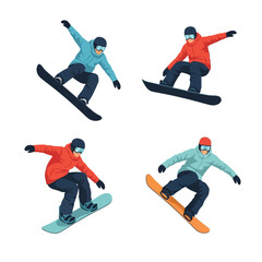 Fototapeta premium Four snowboarders in different poses, wearing winter gear, riding their boards on a white background.