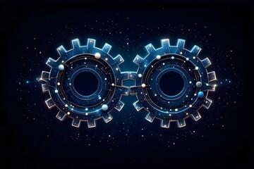 Two glowing gears connected with orbiting spheres against a starry dark blue background art piece