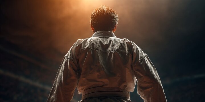 Martial arts athlete in gi, back view, stadium setting