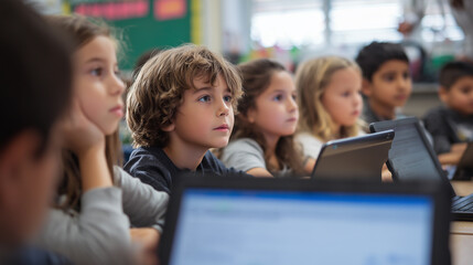Children learning technology in classroom