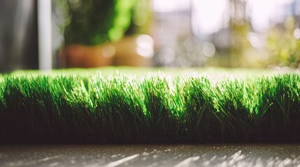 synthetic. Close-up of lush green artificial grass with a softly blurred background. travel magazines, destination branding, designed for travel destination branding, elevates destination branding.