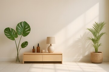 Modern minimalist living room with natural light and potted plants on a wooden console table