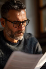 Focused Reading: A contemplative individual immersed in deep concentration, meticulously studying documents in a dimly lit setting, the scene illuminated by a ray of natural light.