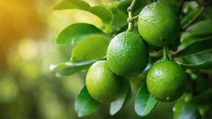 Fresh and Vibrant CloseUp of Ripe Green Limes on Tree Branch in Outdoor Setting with Glossy Leaves.
