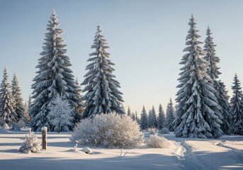 Fototapeta premium Snow covered pine trees in a winter forest landscape with clear sky