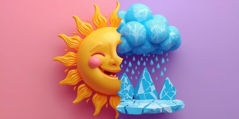 Climate Change A cheerful sun and a playful cloud with rain and ice, representing contrasting weather elements in vibrant colors.