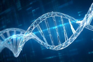 A low poly dna strand helix structure against a blue background with light flares and bokeh effect