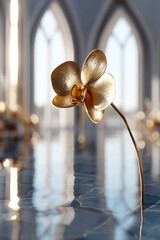 Fototapeta premium Elegantly Crafted Golden Orchid Blooming in a Luxurious Interior with Soft Natural Light and Reflective Surface