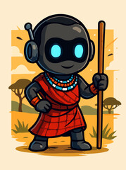 African Warrior Robot With Spear And Traditional Dress Cultural Illustration