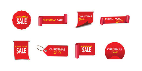 Set of red Christmas sale banners in various shapes. Ribbons and round sticker. Paper scrolls. Vector illustration.