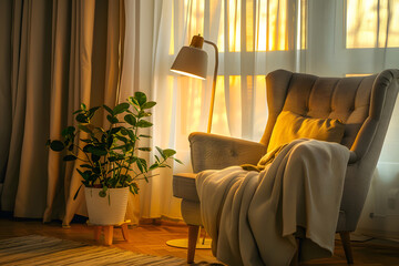 Cozy corner with lamp: This is a cozy interior with a lamp in an armchair in a living room, bathed in the warm glow of the sunshine.