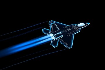 Futuristic fighter jet outlined in blue with glowing engines on a stark black background view from side