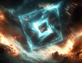 Fototapeta premium Glowing, cyan fractal square floats amid fiery orange nebula