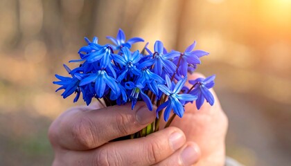 A hand holds a bouquet of blue spring flowers