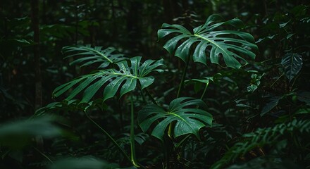 Fototapeta premium Close up of swiss cheese plant leaves in a lush green environment