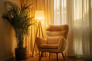 Serene Indoor Sanctuary: A tranquil indoor scene with a comfortable armchair, leafy houseplant, and a warm light creates a relaxing atmosphere in an interior. 