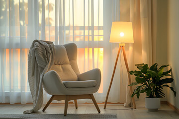 Cozy Room Ambiance: An inviting interior captures warmth and comfort, with soft light, comfortable armchair, and houseplant creating a tranquil sanctuary.