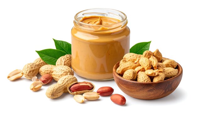 Close-up of a glass jar filled with smooth peanut butter, surrounded by peanuts, shelled and in their shells