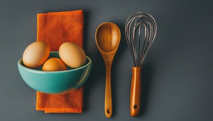 Kitchen still life eggs, bowl, spoon, whisk, orange cloth