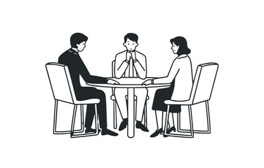 Business Meeting and Team Collaboration Line Art. Black and White Vector Illustration of Professionals Seated Around a Conference Table for Discussion and Strategy