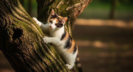 Calico Kitten Climbing a Mossy Tree Trunk in the Forest