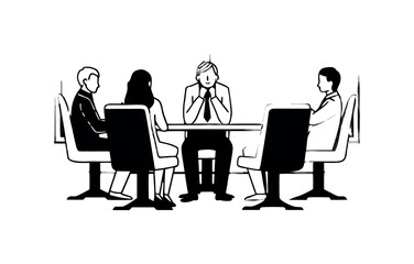 Business Meeting and Team Collaboration Line Art. Black and White Vector Illustration of Professionals Seated Around a Conference Table for Discussion and Strategy