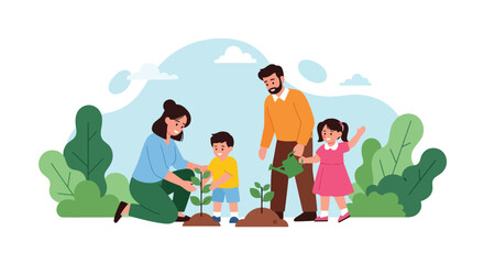 Adobe illustrator artwork vector illustration. A happy family, a father, mother, son, and daughter, plant a tree together in a park with a city and mountains in the background, promoting environmental