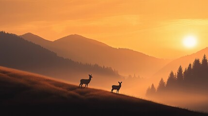 Two deer standing on a hillside at sunset with mountains and trees in the background in golden light