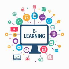 E- Learning concept with computer monitor and surrounding educational icons