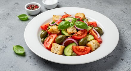 Fresh salad with tomatoes cucumbers bread croutons capers basil on white plate
