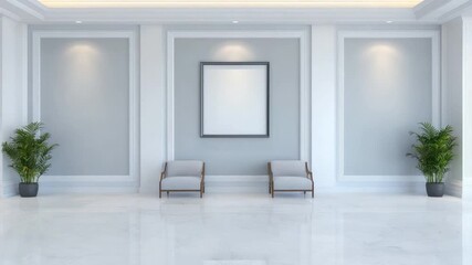 Modern elegant interior design with minimalist decor in bright spacious atrium featuring blank wall and decorative plants 4k video footage - Powered by Adobe
